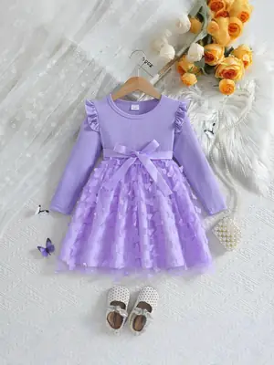 Girls 3D Butterfly Dress Pink Long Sleeve Belted