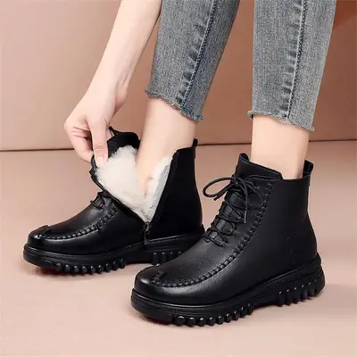 Black Leather Snow Boots with Fleece Lining & Thick Sole