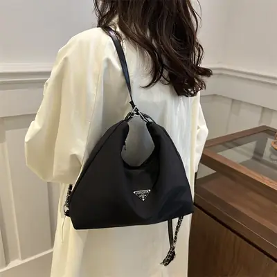 Black Nylon Shoulder Tote Bag for Women 2024
