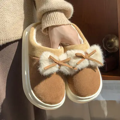 Women's Bow Faux Fur Slip On Shoes Brown Winter