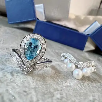 New Diamond Encrusted Aquamarine Pearl Ring for Women