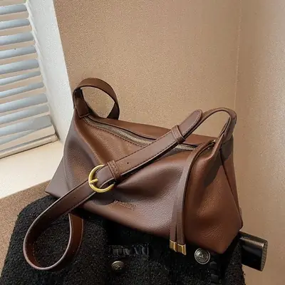 Women's Brown Leather Shoulder Bag with Gold Clasp