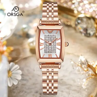 Rose Gold Square Watch with Diamond Dial for Women