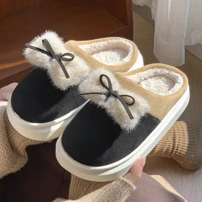 Women's Winter Velvet Bow Slippers Brown White