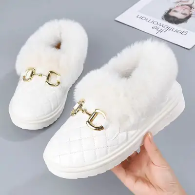 Women's White Fleece Slip-On Winter Shoes with Gold Buckle