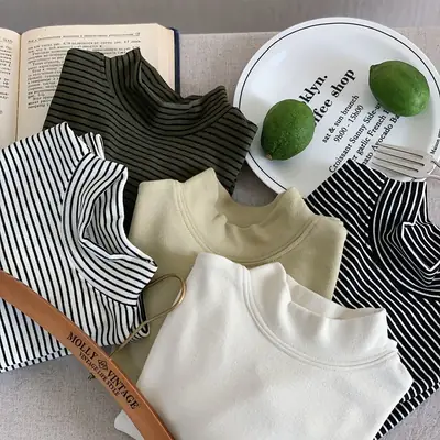 Children Striped Fleece T-Shirt Cream White Half Collar