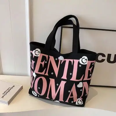 Student Canvas Tote Bag Black Pink Print Large Capacity
