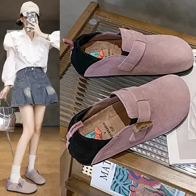 Women Brown Retro Birkenstock Loafers Round Toe Flat