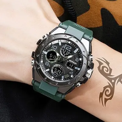 Men's Waterproof Sports Watch Green Rubber Quartz Multifunctional