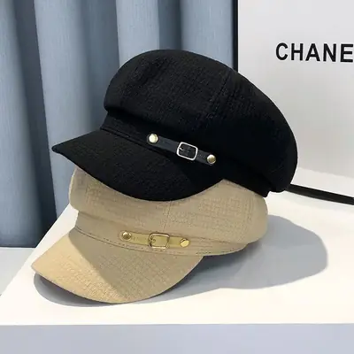 Black Plaid Leather Buckle Octagonal Beret for Women Spring Autumn Korean Fashion