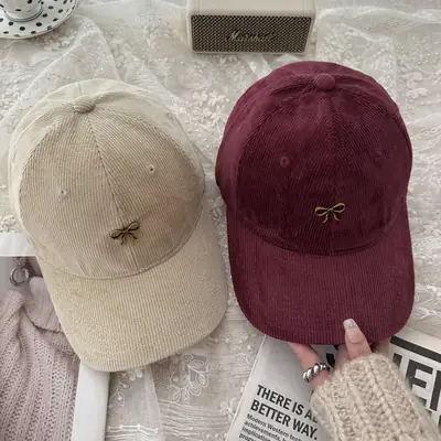 Bow Baseball Cap Women Warm Corduroy Wide Brim