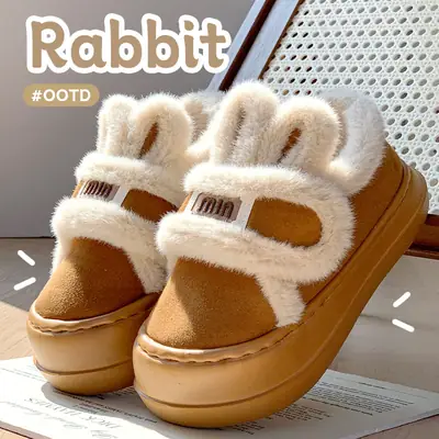 Cute Rabbit Cotton Slippers for Women, Winter Warm New Style Indoor Home Plush Closed-Back Cotton Shoes for Outdoor Wear