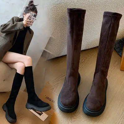 Women's Suede Knee Length Boots Brown