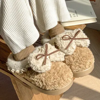 Internet Popular Color Matching Bow Cotton Slippers Women's Indoor Home Warm All-match fleece-lined Winter Outdoor Wear Cute Cotton Slippers