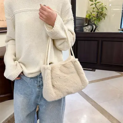 Women's New Fluffy Shoulder Bag Beige Large Capacity