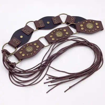 Vintage Rivet Belt for Women with Metal Buckle & Tassel