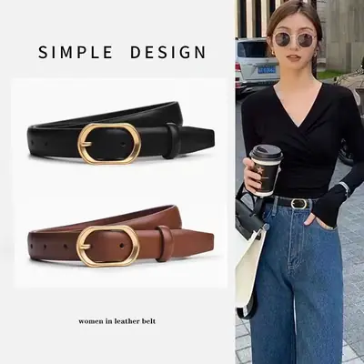 Women's Brown Leather Belt with Gold Buckle