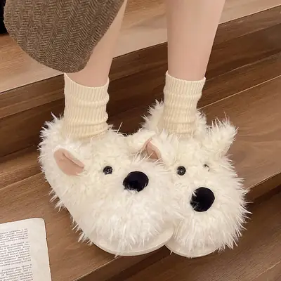 Cute White Puppy Slippers Women Winter Warm Cotton