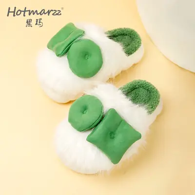 Women's Green Bow Cotton Slippers Warm Home