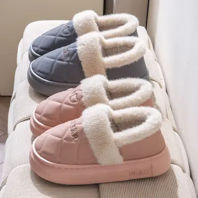 Women's waterproof cotton slippers with heel for winter for lovers for outdoor wear for home use non-slip thick-soled poop-feeling cartoon cotton shoes for men