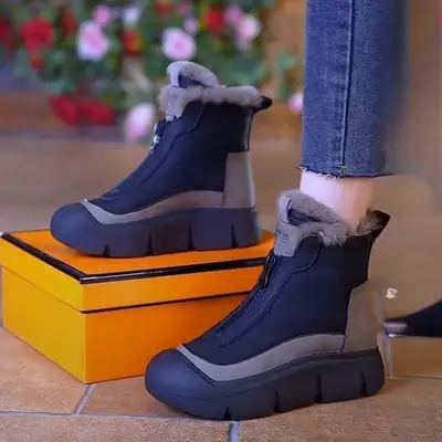 Women Zipper Snow Boots Fleece Lined Warm Leather Winter