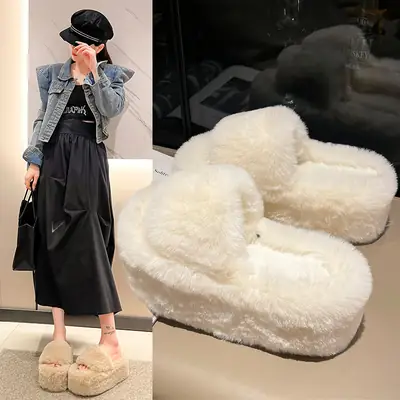 Women Furry Slippers Black Thick Warm Indoor Outdoor