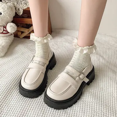 Women's Cream Leather Moccasin Shoes with Buckle Strap