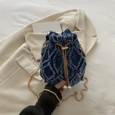 Black Drawstring Tassel Shoulder Bag for Women