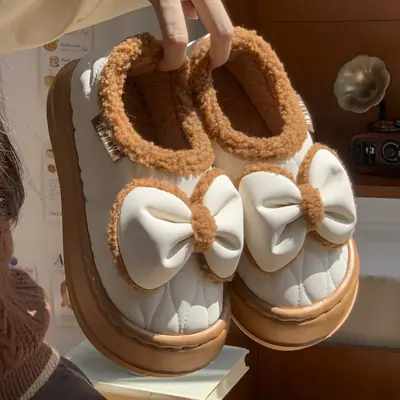 Women's Winter Bow Slippers White Brown