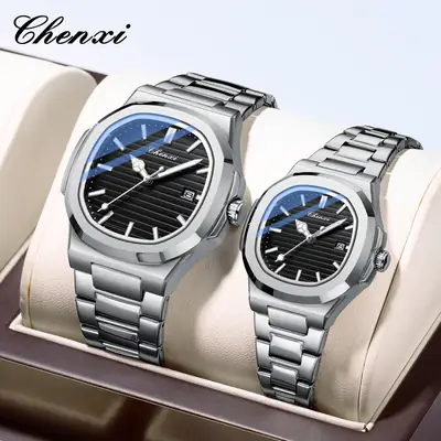Chenai Couple Watches Silver Band Luminous Blue Quartz