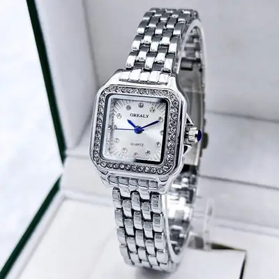 Gold Square Watch with Diamond Band for Women