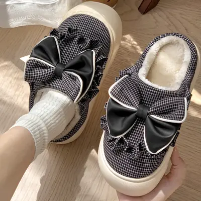 Women's Vintage Bow Cotton Slippers White Winter Warm