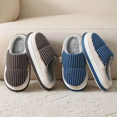 Women Cotton Striped Slippers Winter Warm Non-Slip