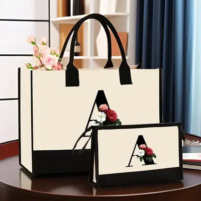 Canvas Shoulder Bag & Cosmetic Case Set Yellow