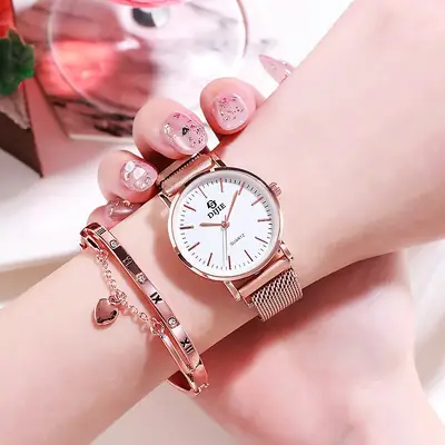 Korean Style Quartz Watch for Women Rose Gold Black Strap