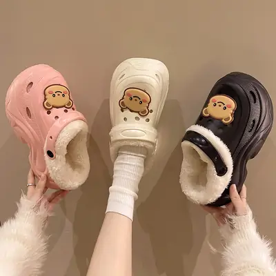 Winter Super Thick fleece-lined Thick-soled Women's High Heel Cotton Hole Shoes Cartoon Indoor and Outdoor Two-wear Slip-on Cotton Slippers