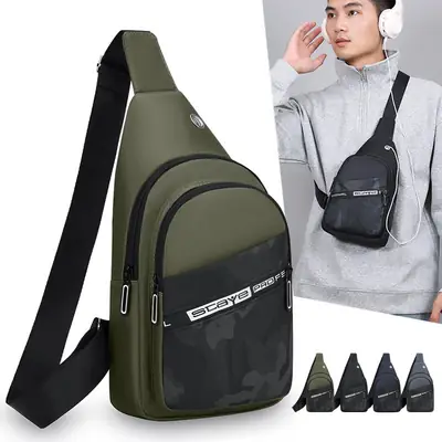 Men's Black Oxford Crossbody Bag with Zipper Pocket