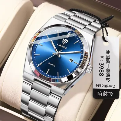 Stainless Steel Waterproof Men's Quartz Watch Blue Dial