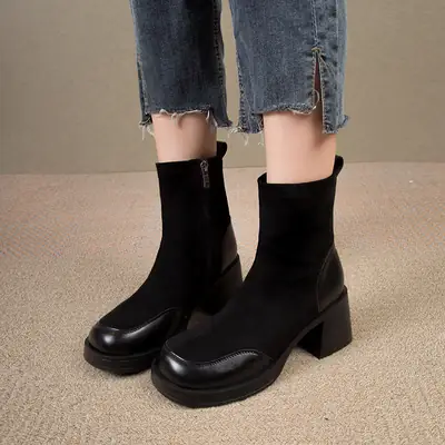 Black Chunky Heel Ankle Boots for Women 2024
