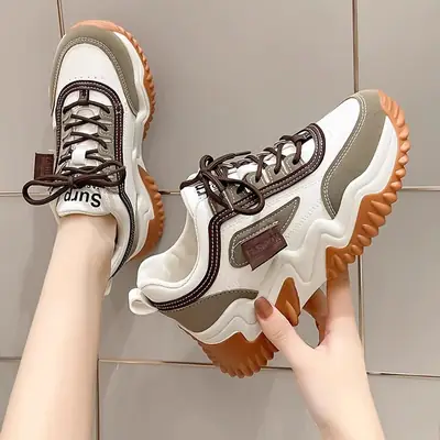 Women's White Brown Thick Casual Sneakers