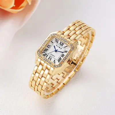 Gold Square Watch for Women with Diamond Crystal Dial