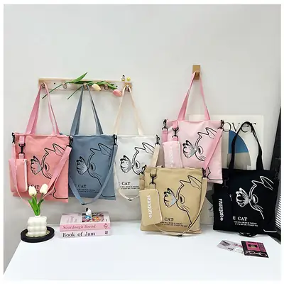 Japanese Cat Canvas Shoulder Bag Blue Large Capacity