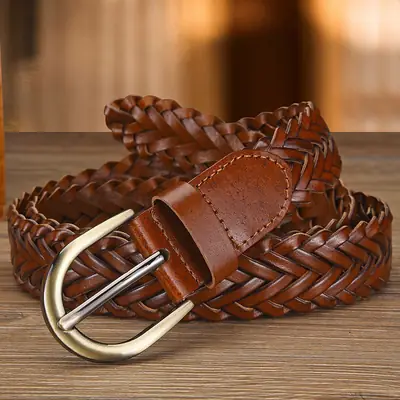 Women's White Braided Leather Belt with Gold Buckle