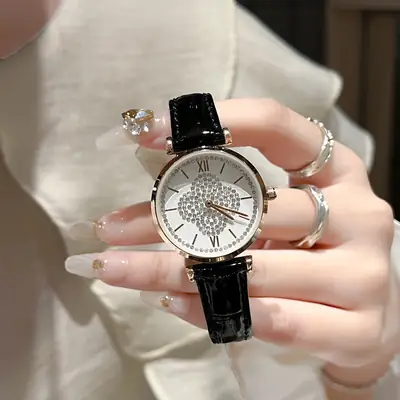 Women's Large Dial Watch with Starry Rhinestones & Genuine Leather