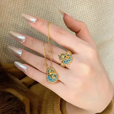 Retro Chinese Enamel Apricot Leaf Gourd Ring Necklace