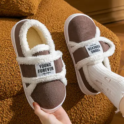 Women Winter Furry Slippers Brown White