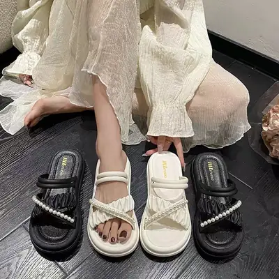 White Pearl Thick Sole Women's Slippers