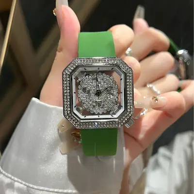 Square Diamond Watch for Women with Red Silicone Band