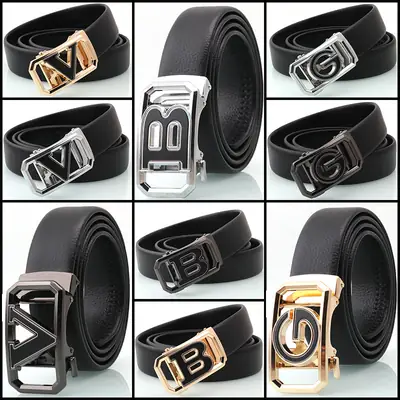 Men's Black Leather Belt with Logo Buckle