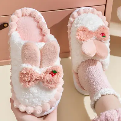 2025 Bow Rabbit Soft Cotton Slippers Women Winter Warm